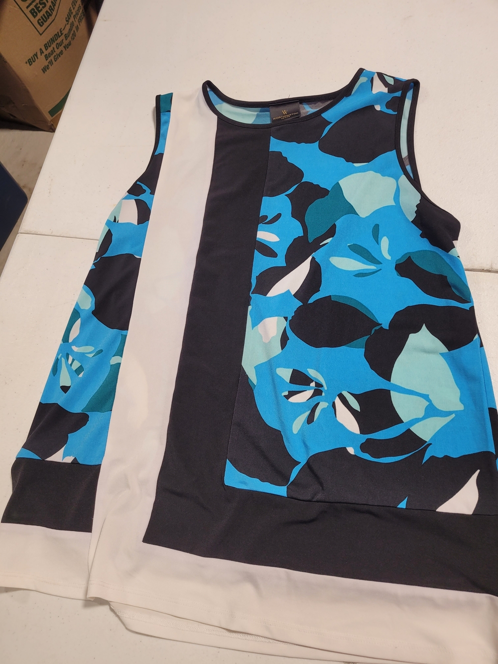 Worthington Blue Floral Paneled Sleeveless Tank Top